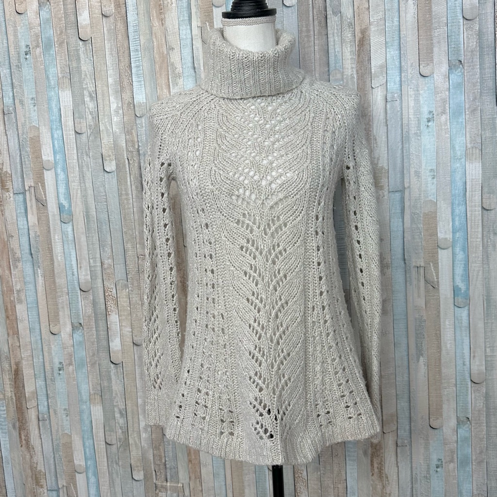 Anthropologie Xs Gray Open Cable Knit Eldora Turtleneck Pullover Sweater Boho